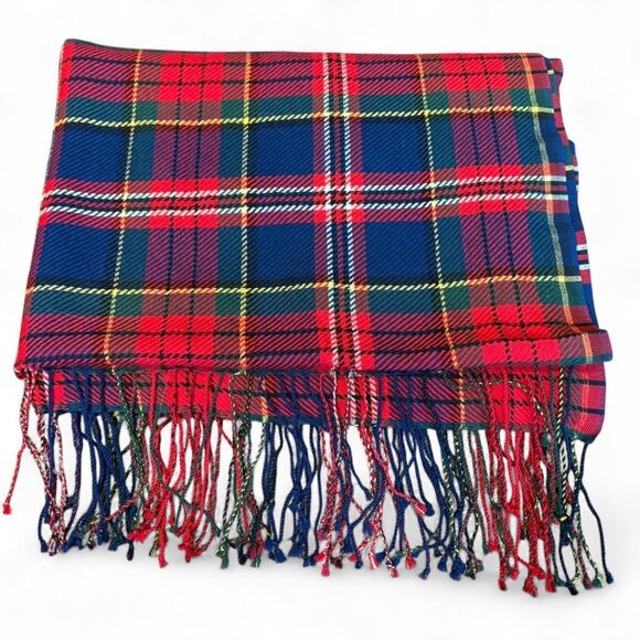 Talbots 100% Wool Red & Navy Tartan Plaid Oversized Fringe Scarf / Wrap - Picture 5 of 6